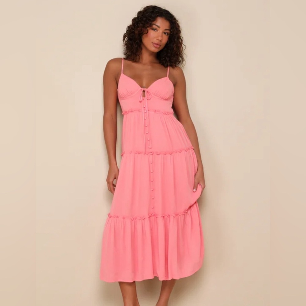 Lulus Sweetest Perception Coral Pink Ruffled Button-Front Midi Dress NWT